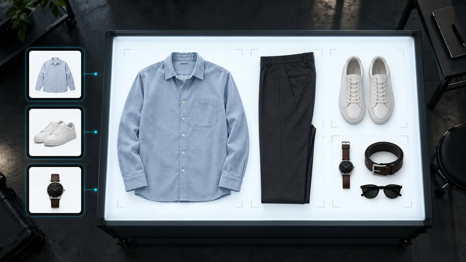 Representative apparel, footwear and accessories arranged for a controlled CatalumeX pilot capture